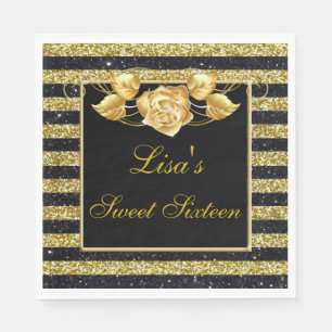 Elegant Gold Black Glitter Gold Rose Sweet 16 Napkin