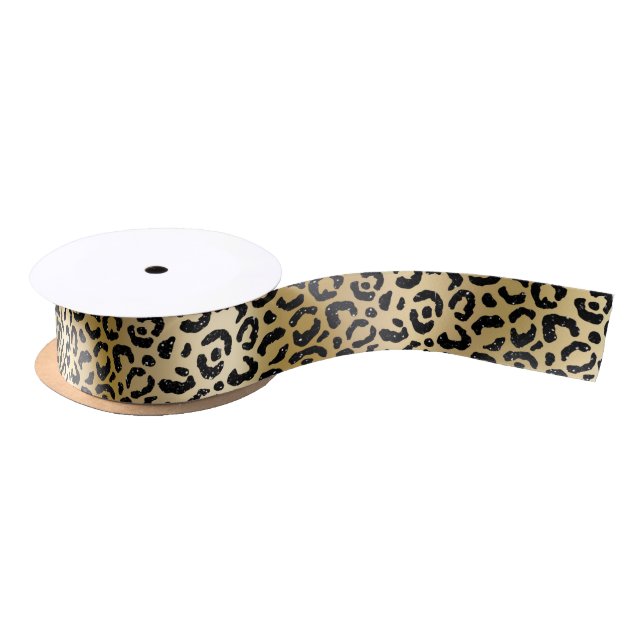 Elegant Gold & Black Glitter Leopard Spots Pattern Satin Ribbon (Spool)