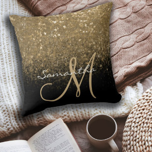 Elegant Gold & Black Glitter Monogram Name Cushion