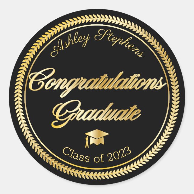 Elegant Gold | Black Grad Cap Class of 2021 Classic Round Sticker (Front)