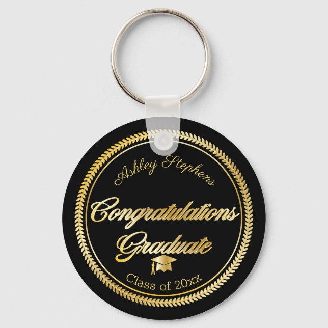 Elegant Gold | Black Grad Cap Class Year Key Ring (Front)