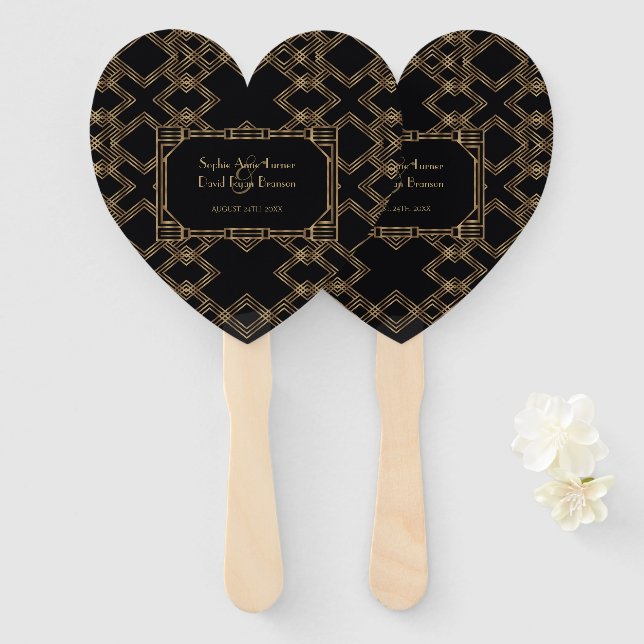 Elegant Gold Black Great Gatsby 1920s Wedding Hand Fan (Front and Back)