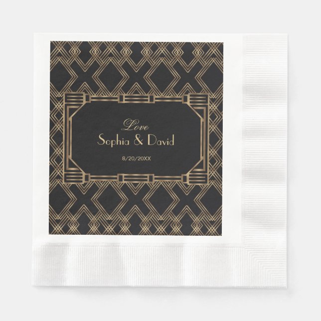 Elegant Gold Black Great Gatsby 1920s Wedding Napkin (Front)