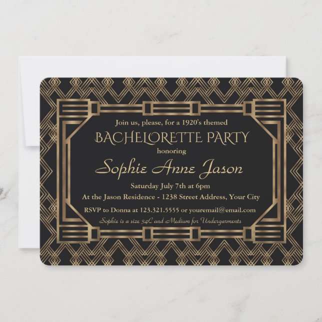 Elegant Gold Black Great Gatsby Bachelorette Party Invitation (Front)