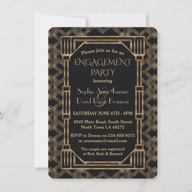 Elegant Gold Black Great Gatsby Engagement Party Invitation (Front)
