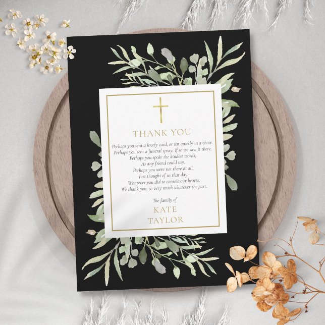 Elegant Gold Black Greenery Funeral Poem Thank You Card (Elegant Gold Black Greenery Funeral Poem Thank You Card)