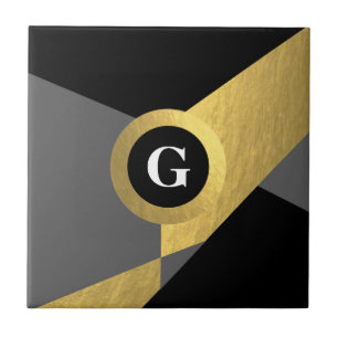 Elegant Gold Black Grey Colour Block Any Monogram Ceramic Tile
