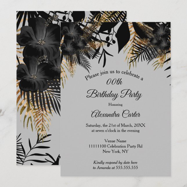 Elegant Gold Black Grey Floral Birthday Party Invitation (Front/Back)