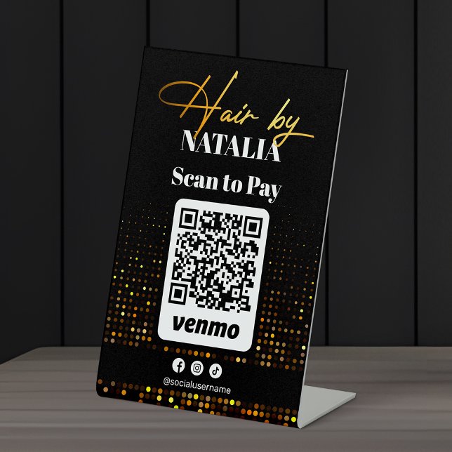Elegant Gold Black Hair Stylist Venmo Scan to Pay  Pedestal Sign (Creator Uploaded)