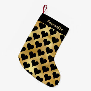 Elegant Gold Black Hearts Personalized  Small Christmas Stocking