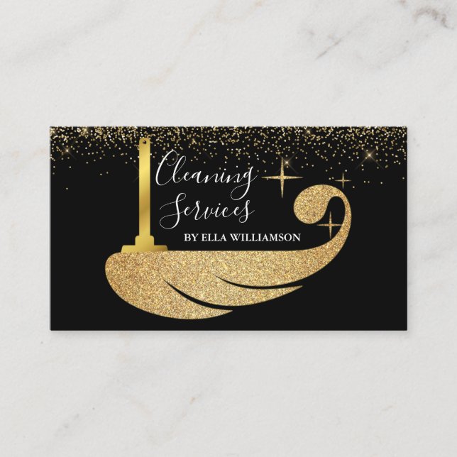 Elegant Gold Black Housekeeping Cleaning Service Business Card (Front)