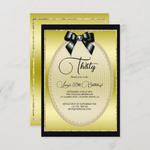 Elegant Gold, & Black Jewel Bow Birthday Invitation