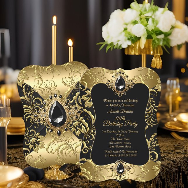 Elegant Gold Black Jewel Damask Birthday Party Invitation (Creator Uploaded)