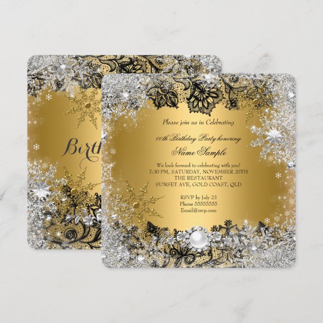 Elegant Gold Black Lace Silver Snowflake Birthday Invitation (Front/Back)