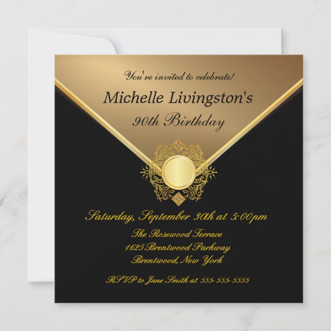 Elegant Gold Black Ladies Birthday Invitations (Front)