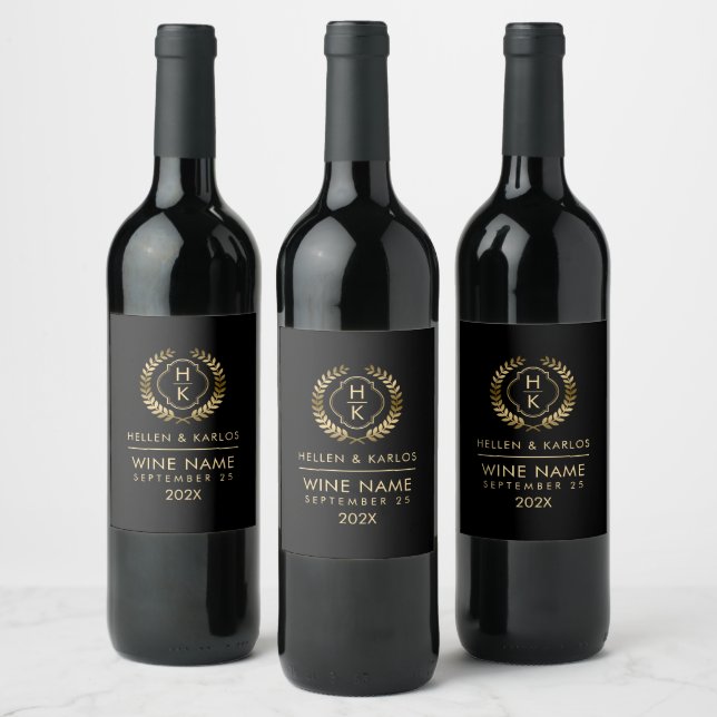 Elegant Gold  Black Laurel Wreath Wine Label (Bottles)