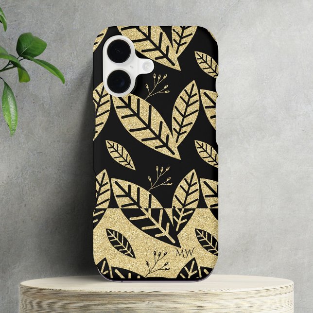 Elegant Gold & Black Leaf Pattern Custom Monogram (Creator Uploaded)