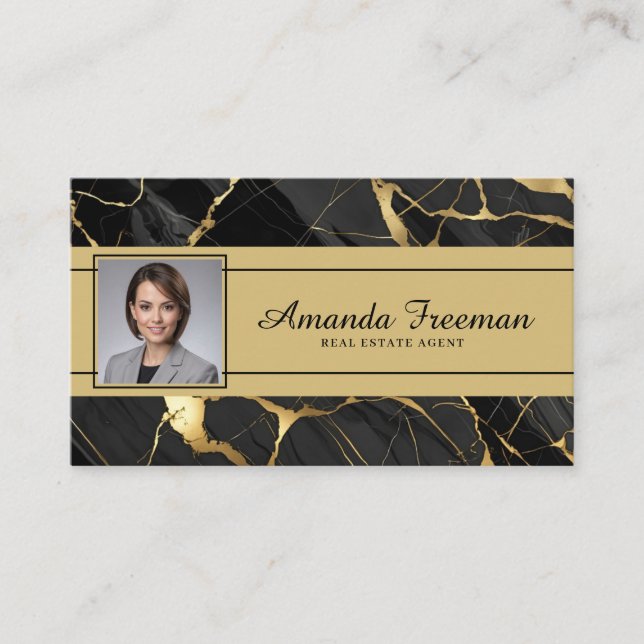 Elegant Gold & Black Marble Real Estate Agent Business Card (Front)