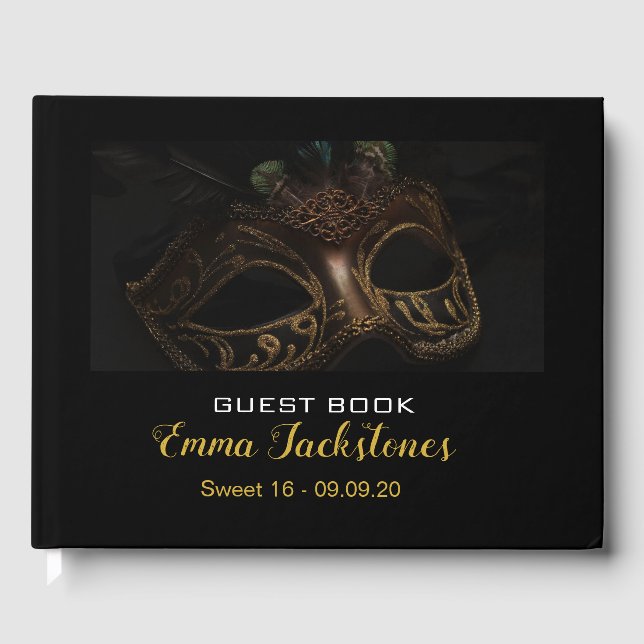 Elegant Gold & Black Mask Masquerade Sweet 16   Guest Book (Front)