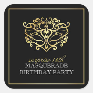 Elegant Gold & Black Masquerade Surprise Party Square Sticker