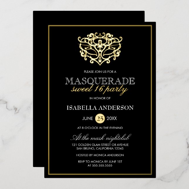 Elegant Gold & Black Masquerade Sweet 16 Party (Front/Back)