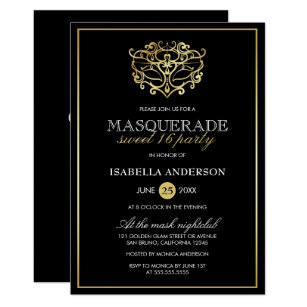 Elegant Gold & Black Masquerade Sweet 16 Party Invitation