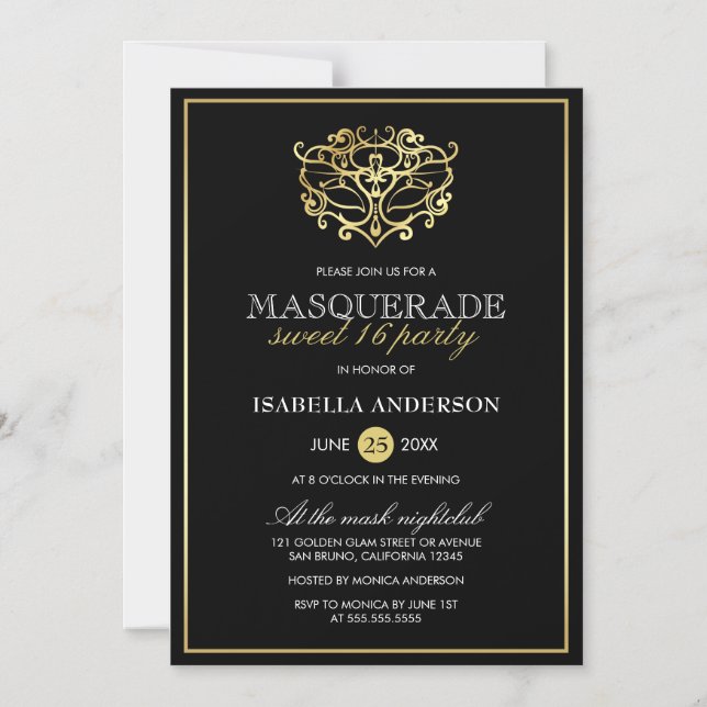 Elegant Gold & Black Masquerade Sweet 16 Party Magnetic Invitation (Front)