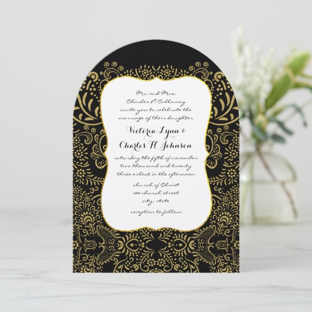 Elegant Gold Black Mehndi Bridal Design Pattern Invitation (Standing Front)