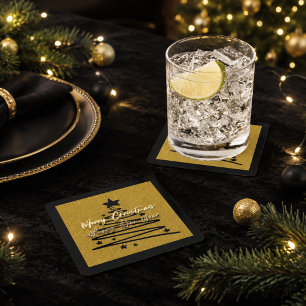 Elegant Gold Black Merry Christmas Happy New Year Square Paper Coaster