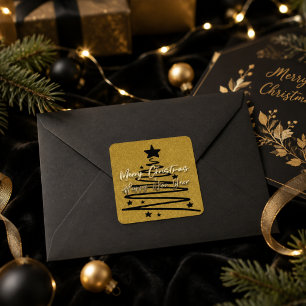Elegant Gold Black Merry Christmas Happy New Year Square Sticker