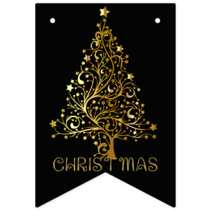 Elegant Gold Black Merry Christmas Tree Party Bunting