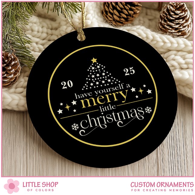 Elegant Gold Black Merry Little Christmas Photo Ceramic Ornament (Creator Uploaded)
