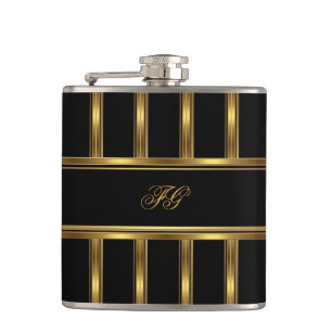 Elegant Gold Black Metal look Monogram Name 3 Hip Flask