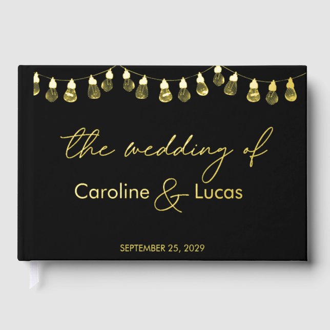 Elegant Gold Black Modern Photo Monogram Wedding Guest Book (Front)