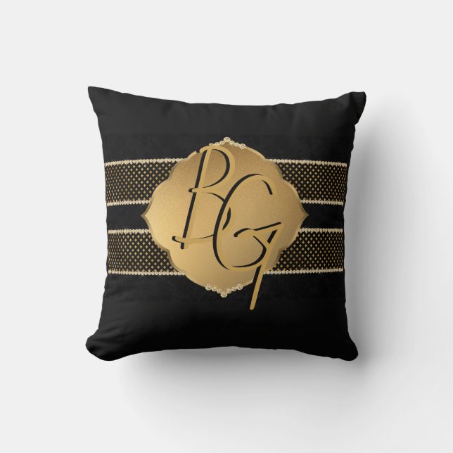 Elegant Gold Black Monogram Design Cushion (Front)