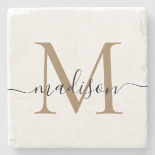 Elegant Gold Black Monogram Feminine Script Name Stone Coaster