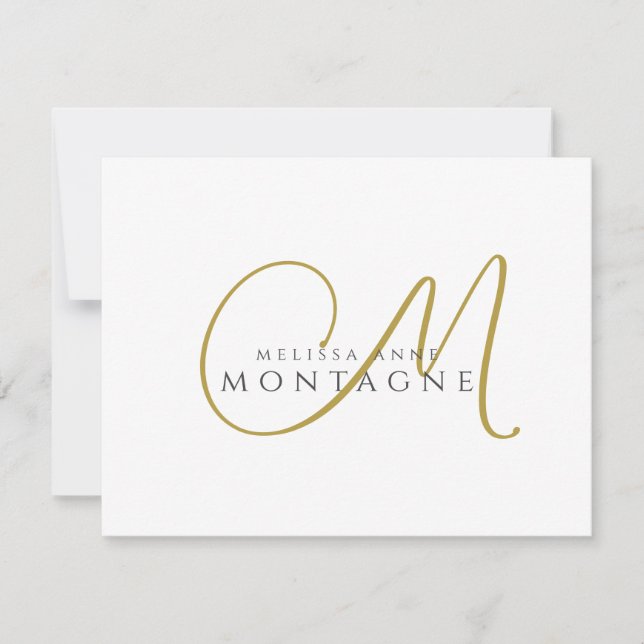 Elegant Gold Black Monogram Flat Note Card (Front)
