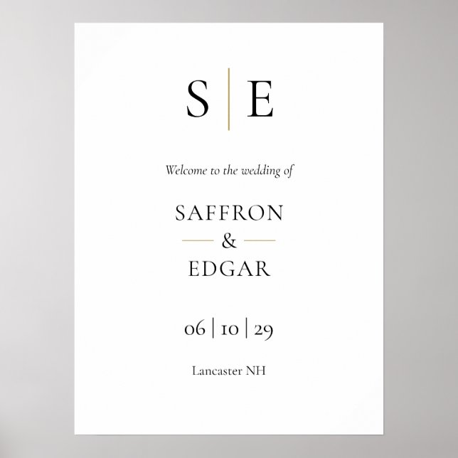 Elegant Gold Black Monogram Wedding Welcome Sign (Front)