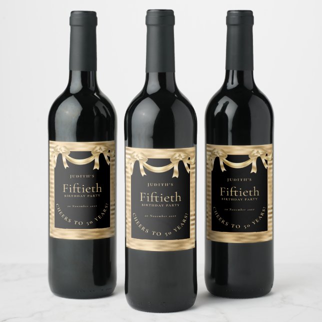Elegant Gold Black Name 50th Birthday Party  Wine Label (Bottles)