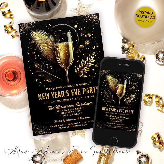 Elegant Gold Black New Year`s Eve Party Invitation (Creator Uploaded)
