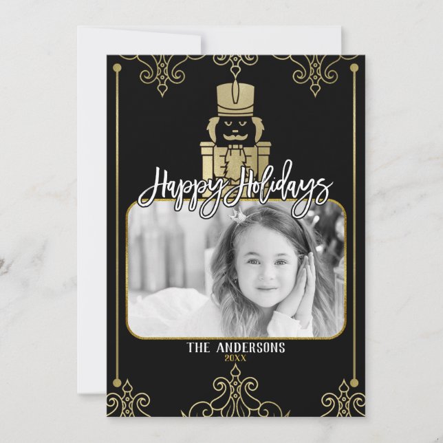 Elegant Gold Black Nutcracker Holiday Photo Card (Front)