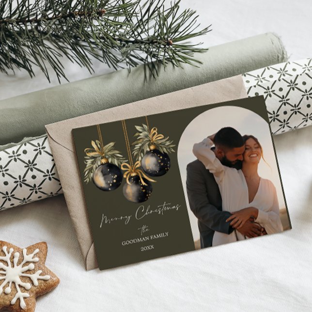 Elegant Gold Black Ornaments Arch Photo Holiday (ELEGANT ARCH SHAPED FAMILY PHOTO WITH FOREST GREEN BACKGROUND AND BAUBLES WATERCOLOR ORNAMENTS)