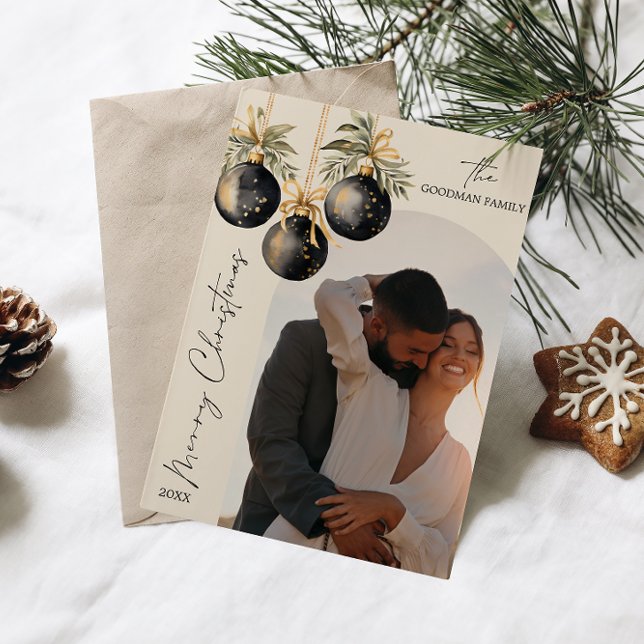 Elegant Gold Black Ornaments TWO Photo CHRISTMAS Holiday Card (TWO PHOTO CHRISTMAS CARD WITH GOLD BLACK WATERCOLOR BAUBLES AND ARCH SHAPED PHOTO. ELEGANT NEWLY WED)