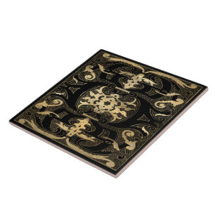 Elegant Gold Black Ornate Ceramic Tile