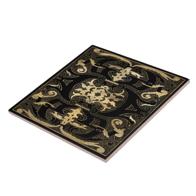 Elegant Gold Black Ornate Ceramic Tile (Side)