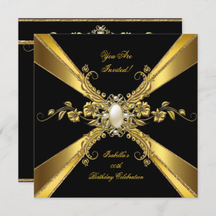 Elegant Gold Black Pearl Jewel Birthday Party 2 Invitation