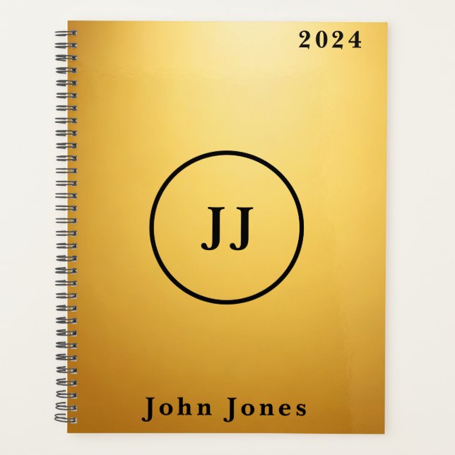Elegant Gold Black Personalised Monogram Initials Planner (Front)
