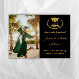 Elegant Gold Black Photo Graduation Announcement