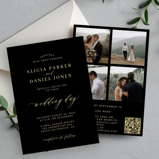 Elegant gold black photo QR code RSVP wedding Invitation (Creator Uploaded)