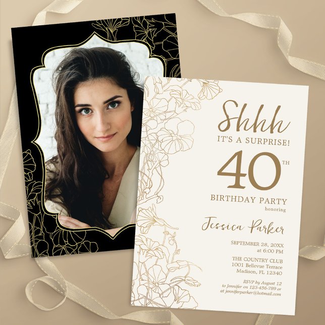 Elegant Gold Black Photo Surprise 40th Birthday Invitation (Creator Uploaded)